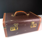 Vintage 1940s Brown Train Case Hard Small Suitcase Leather Trim Brass Hardware