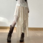 Women Floral Lace Irregular Skirt Midi Ruffle Layered Elastic Waist Boho
