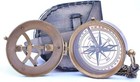 Vintage Brass Sundial Compass With Chain  leather Case Marine Nautical Sun Clock