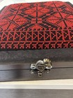 Black Wood Jewelry Box W  Latch  Red Geometric Fabric Top  Fabric Lined