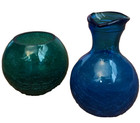 2 Vintage Crackle Glass Vase Cobalt Blue Green Jewel Tones Small Flower Bud Mcm