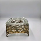 Vintage Decorative Glass Top Gold Tone Filigree Jewelry Trinket Box 4 5 x3 75 