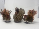 Vtg Turkey Of Woven Wicker Rattan   Wood 2 Paper Mache Featherbasket Fall Decor