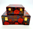 Vintage Chinese Jewelry trinket Boxes Set Of 2 Lacquered Hand Painted 1990s