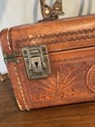 Vintage Tooled Cactus Brown Leather Train Case Cosmetic Jewelry Western Handles