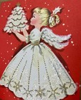Vintage Mcm Unused Glittered Christmas Girl Angel Holding White Xmas Tree Card