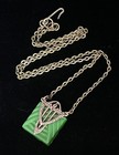 Vintage Necklace Art Deco Brass Antique Carved Green Czech Glass Pendant