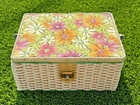 Vintage Mcm 60 s Flower Power Wicker Sewing Basket Made In Japan Gorgeous