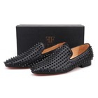 Men Ferucci Black Leather Slippers Loafers  With Black Spikes Crystal Rivet Prom