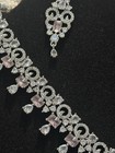 Desi Silver Adjustable Pink Clear Round Crystal Necklace Drop Earrings Set