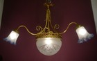 Antique Brass Chandelier Art Bleu White Satin Glass Shells Lamp C  1920     32 
