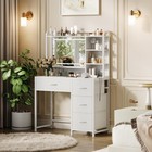 White Vanity Desk W Led Mirror  Makeup Table With Lights  Power Outlet   Storage