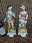Pair Large Antique Porcelain  Pique Fleur Statue 19thc Bird Cage Boy