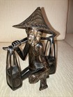 Vintage Asian Carved Man With Hat Carrying Water 