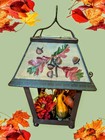 Autumn Fall Leaves   Acorns Tin Metal Rustic Lantern Light Holder Zinnia Flower