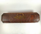 Antique Leather Brass Glove Box  Casket Glove Box Embossed Fleur De Lis 14  Long