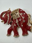 Vintage Red Enamel Elephant Brooch Gold Tone W rhinestones