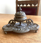 Antique Brass Ink Well  Ornate Brass Inkwell 8in Long With Milk Glass Insert