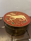 Vtg Enameled Brass Deer Antelope Red Trinket Jewelry Round Box Vanity Organizer