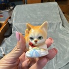 Orange   White Porcelain Cat Figurine  Kitten With Red Bow  Ceramic Decor