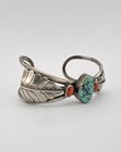 Vintage Navajo Sterling Silver Turquoise   Coral Stamped Cuff Bracelet
