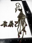 Egyptian Revival Filigree Necklace Earring Set Gold Tone Red Glass Fringe
