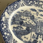 Vtg Sanyei Oval Scalloped Porcelain Platter Blue   White Countryside Scene