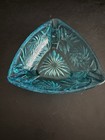 Vintage Aqua Blue Pressed Glass Triangular Ashtray Starburst Pattern Mcm Trinket