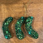 Set Of 3  Lucky Pickles Handmade Christmas Ornaments Green Felt Beads   Sequins
