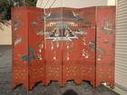 Antique Oriental Asian Red Coromandel Six Panel Folding Screen Palace Scene