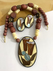 Vintage Lee Sands Necklace   Earrings Set Floral Inlay Design Acrylic Wood Beads