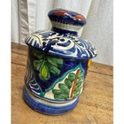 Talavera Mexican Pottery Lidded Canister Hand Painted Floral Accents Folk Art