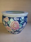 Large Porcelain Asian Fish Bowl Planter Pot Koi Chinoiserie Navy Blue Floral