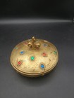 Vintage Painted Brushed Gold Trinket Box Faux Jewels Powder Puff Box