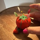 Vintage Small Tomato Pin Cushion W  Attached Strawberry W various Vintage Pins