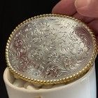 Nocona Belt Buckle Two Tone Metal Western Scrolled Oval Etched Floral Cowgirl