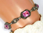 Antique Art Deco 800 Silver Czech Pink Stone Bracelet Ornate Filigree Link Frame