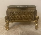 Vintage 4    Square Jewelry Box Gold Metalfloral Filigree Glass Cherubs Footed