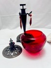 Antique Victorian Bohemian Red Ruby Glass Candle Holder brass Base Glass Prism    