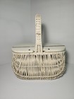 Vtg 1950s White Coated Wicker Flip Top Mirror Woven Basket Purse Handle Retro
