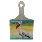 Coastal Pelican Wood Silverware Holder Beach Utensil Caddy Decor