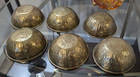 Six Islamic Indo Persian Mughal Embossed Brass Magic Bowls Antique vtg Patinaed 