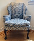 Vintage Kittinger Wingback Chair Blue Damask Queen Anne Original Down Cushion