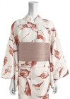 Japanese Yukata Set Women Polyester Kimono Summer Floral Obi Belt Pink White