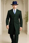 British Pinstriped Men s Suits Peak Lapel Formal Wedding Groom Tuxedo Long Coat