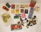 40  Vintage Junk Drawer Lot Vintage Matches  1914 German Card  Old Buttons Plus 