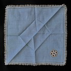 Vintage Hankie Tatted Edge Inset Openwork Handkerchief Blue Ecru Linen Ec