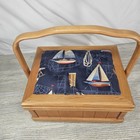 Wooden Padded Sailboat Fabric Top Hinged Lid Sewing Box W  Handle Removable Tray