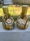 Pair Of Antique French Art Nouveau Barbotine Majolica Vases  Applied Flowers