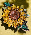 Vintage Large Citrine Marquis Rhinestones Sun Flower Brooch Pin Sunflower Metal